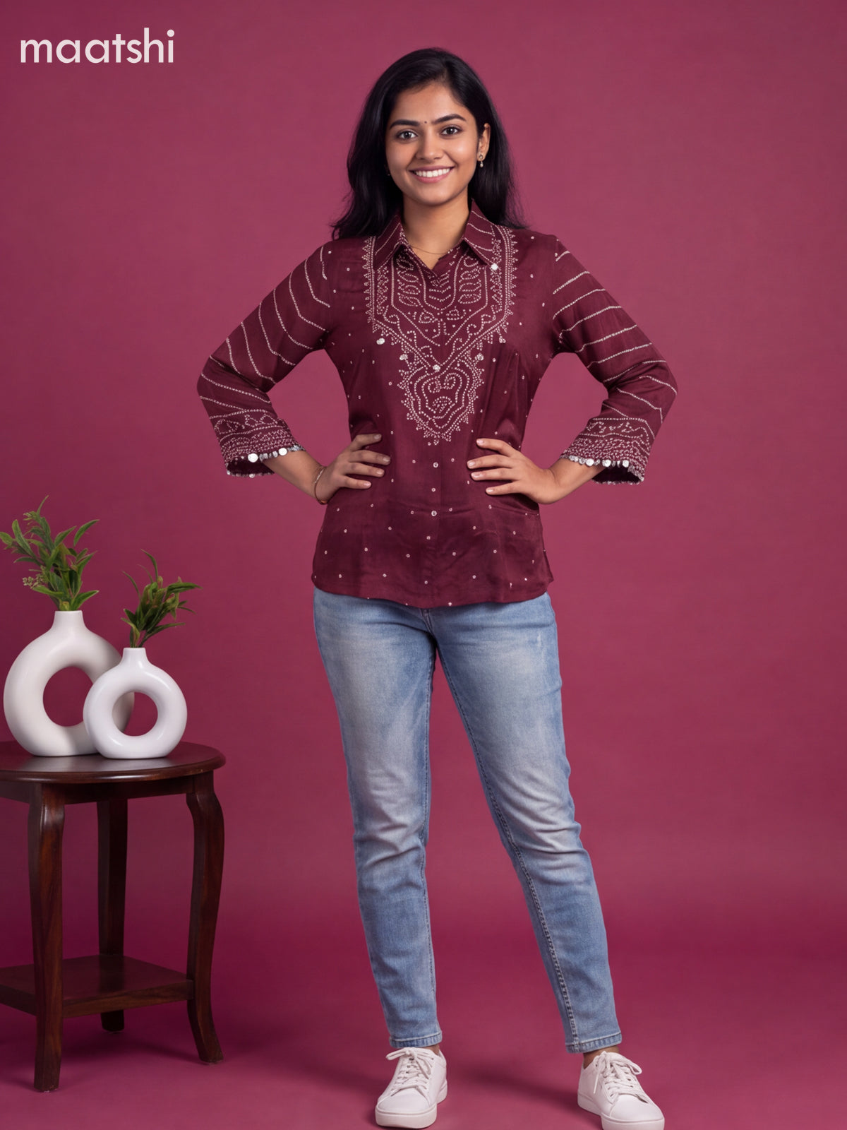 Rosy Brown Crepe Silk With Bandhini Printed Women Shirt