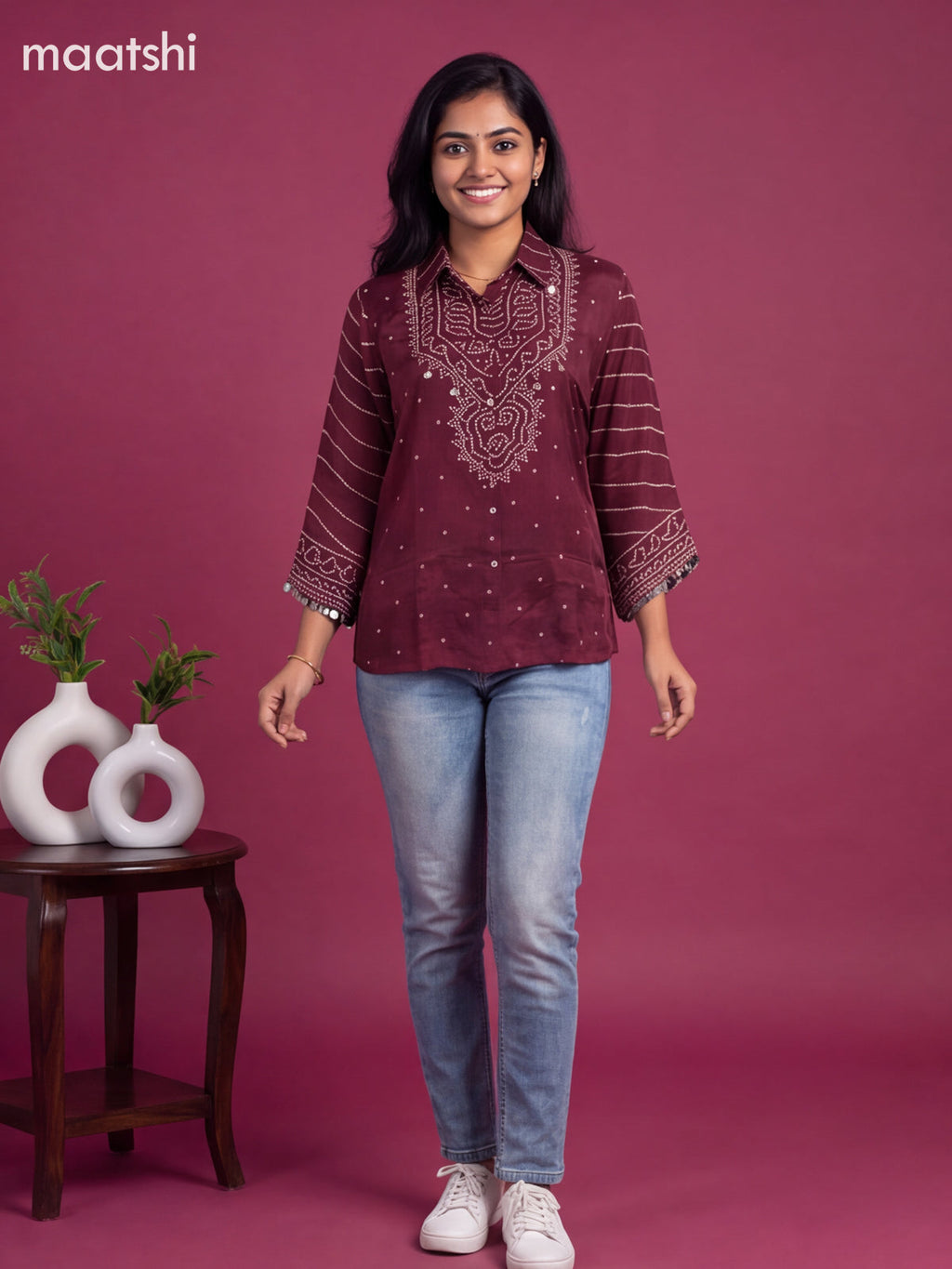 Rosy Brown Crepe Silk With Bandhini Printed Women Shirt