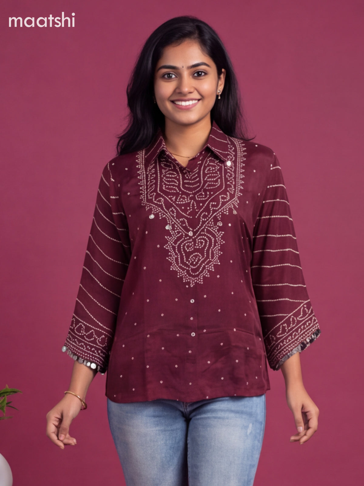 Rosy Brown Crepe Silk With Bandhini Printed Women Shirt