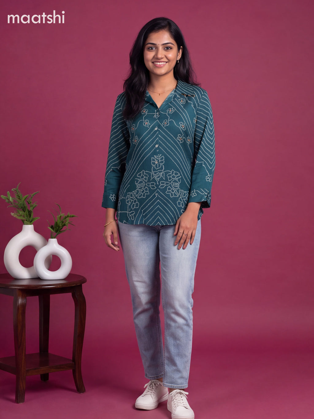 Peacock Blue Crepe Silk With Bandhini Printed Women Shirt