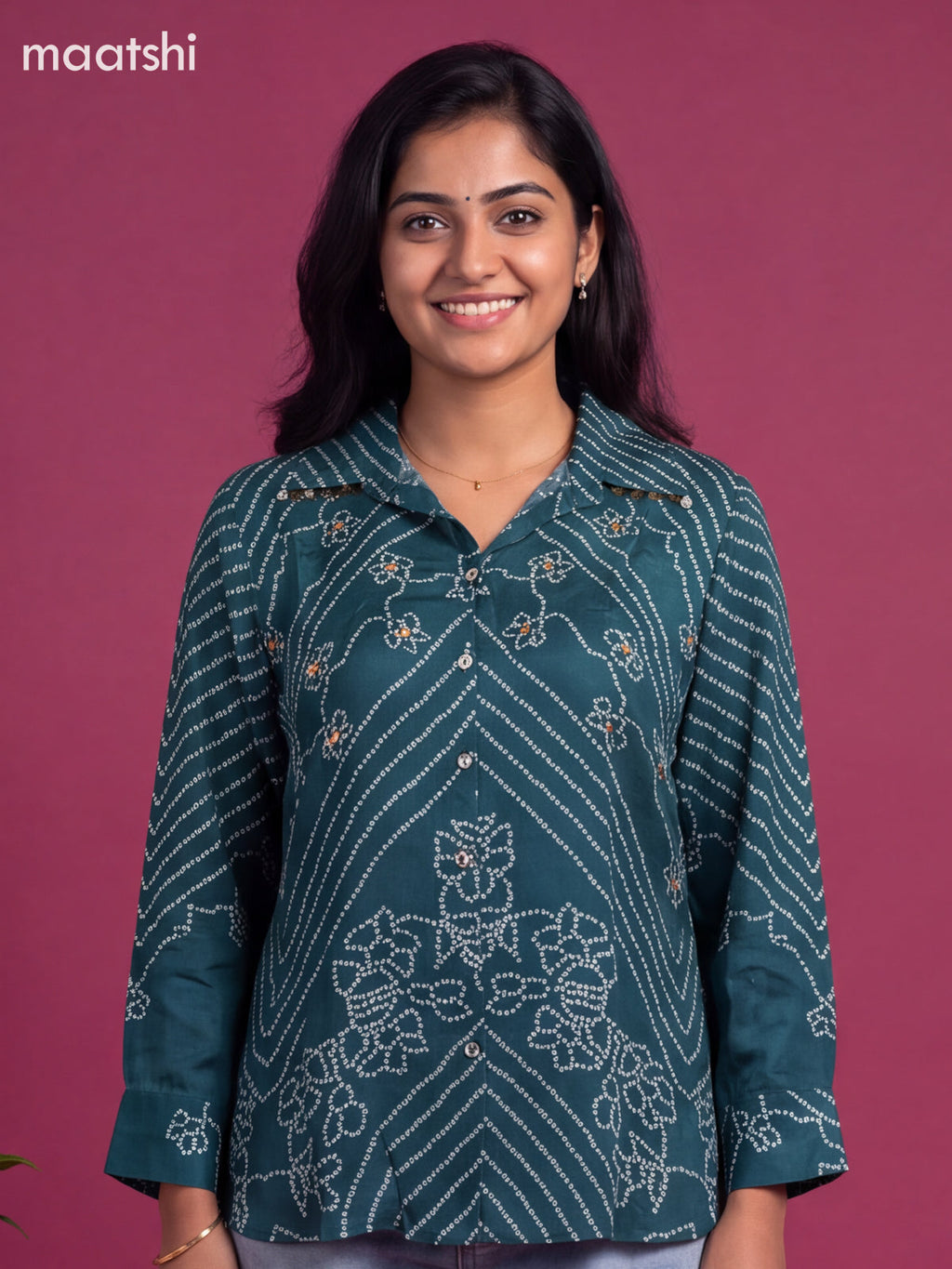 Peacock Blue Crepe Silk With Bandhini Printed Women Shirt