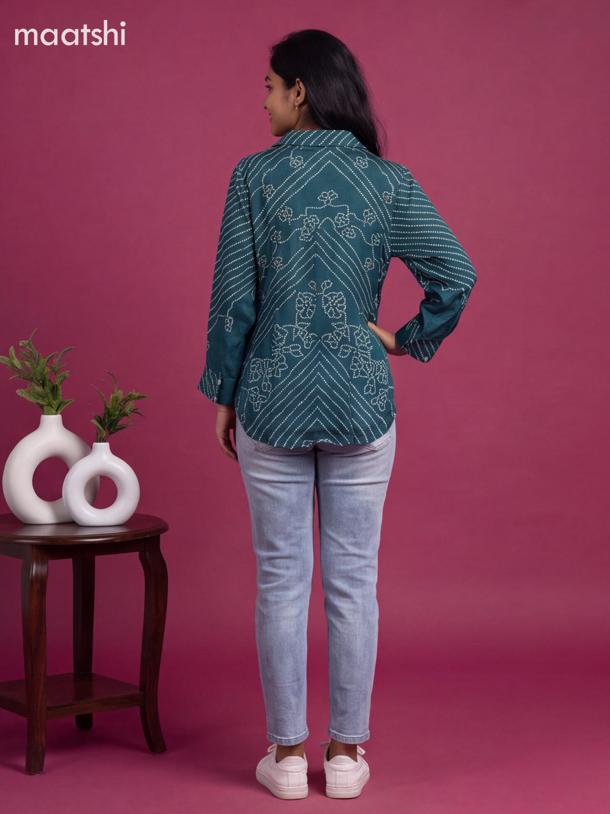 Peacock Blue Crepe Silk With Bandhini Printed Women Shirt