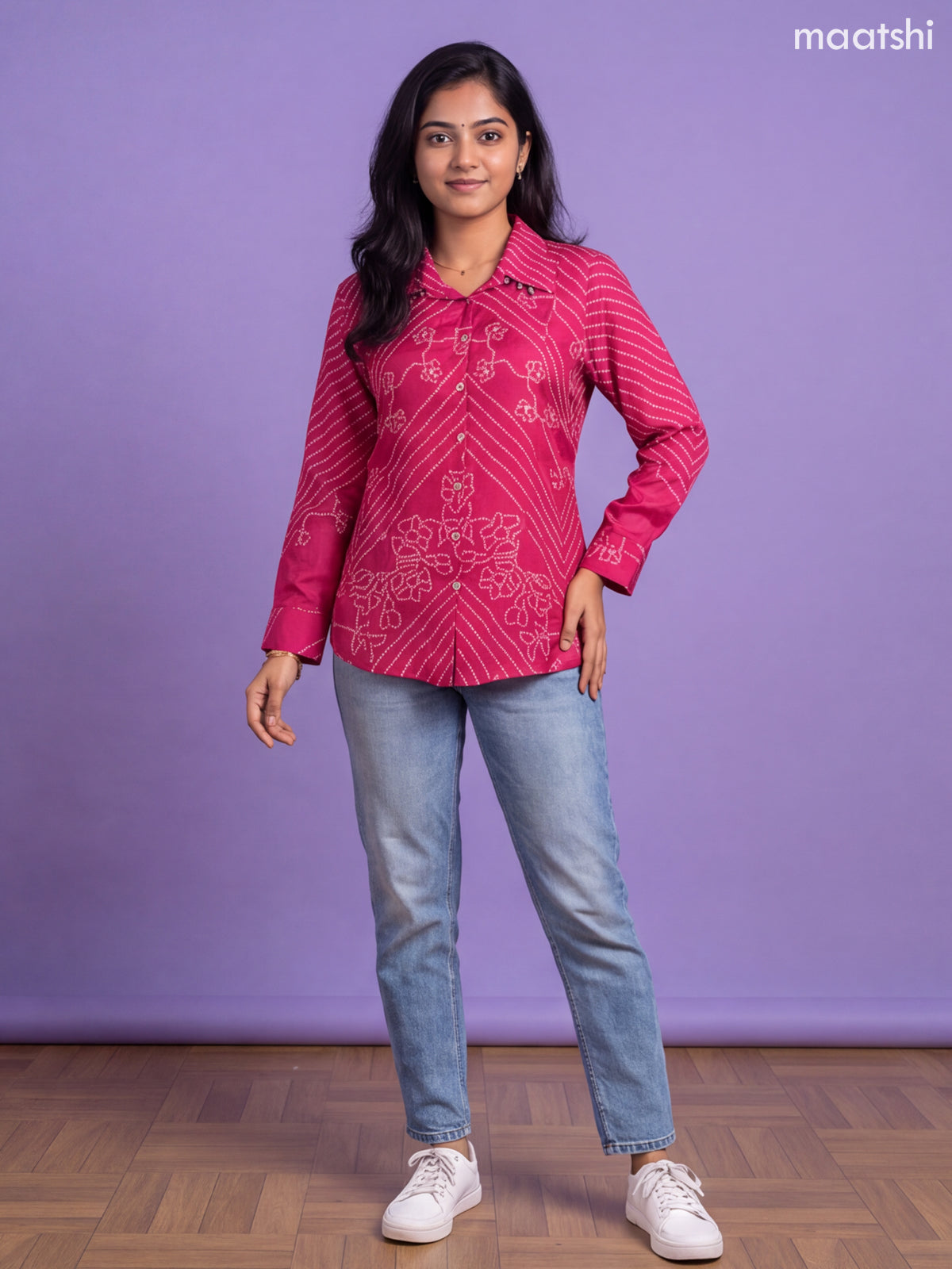 Dark Pink Crepe Silk With Bandhini Printed Women Shirt