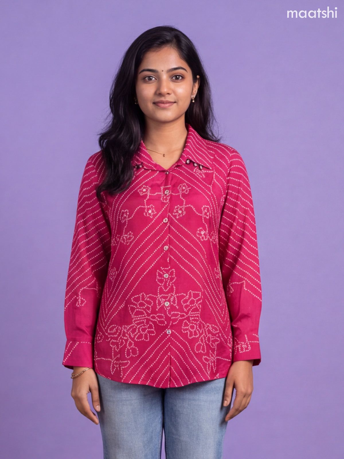 Dark Pink Crepe Silk With Bandhini Printed Women Shirt