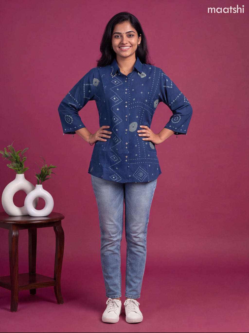 Dark Blue Crepe Silk With Bandhini Printed Women Shirt