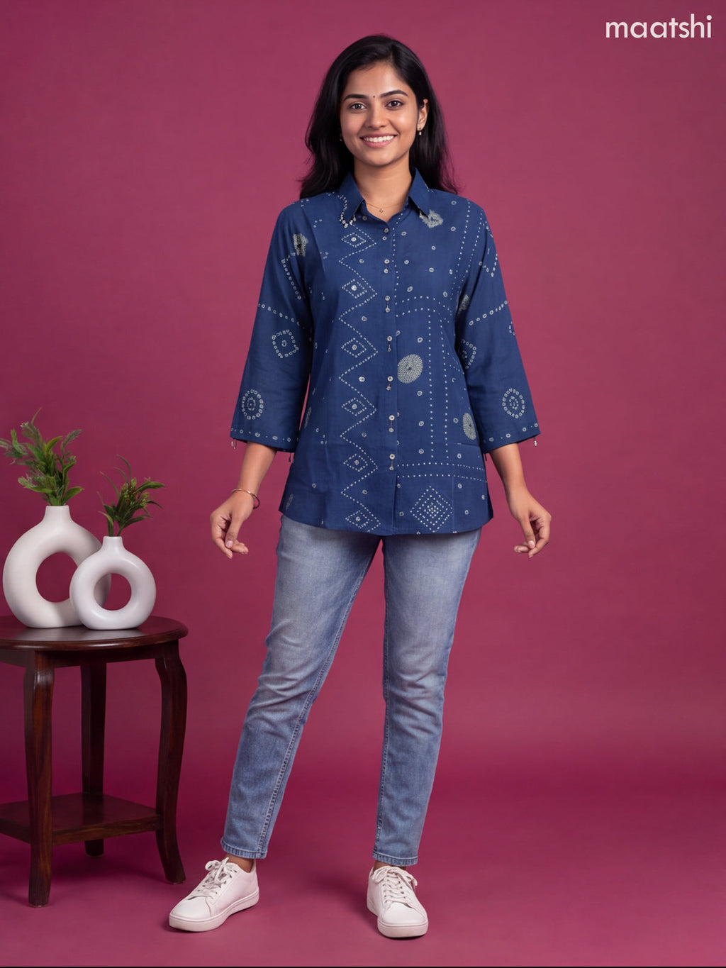 Dark Blue Crepe Silk With Bandhini Printed Women Shirt
