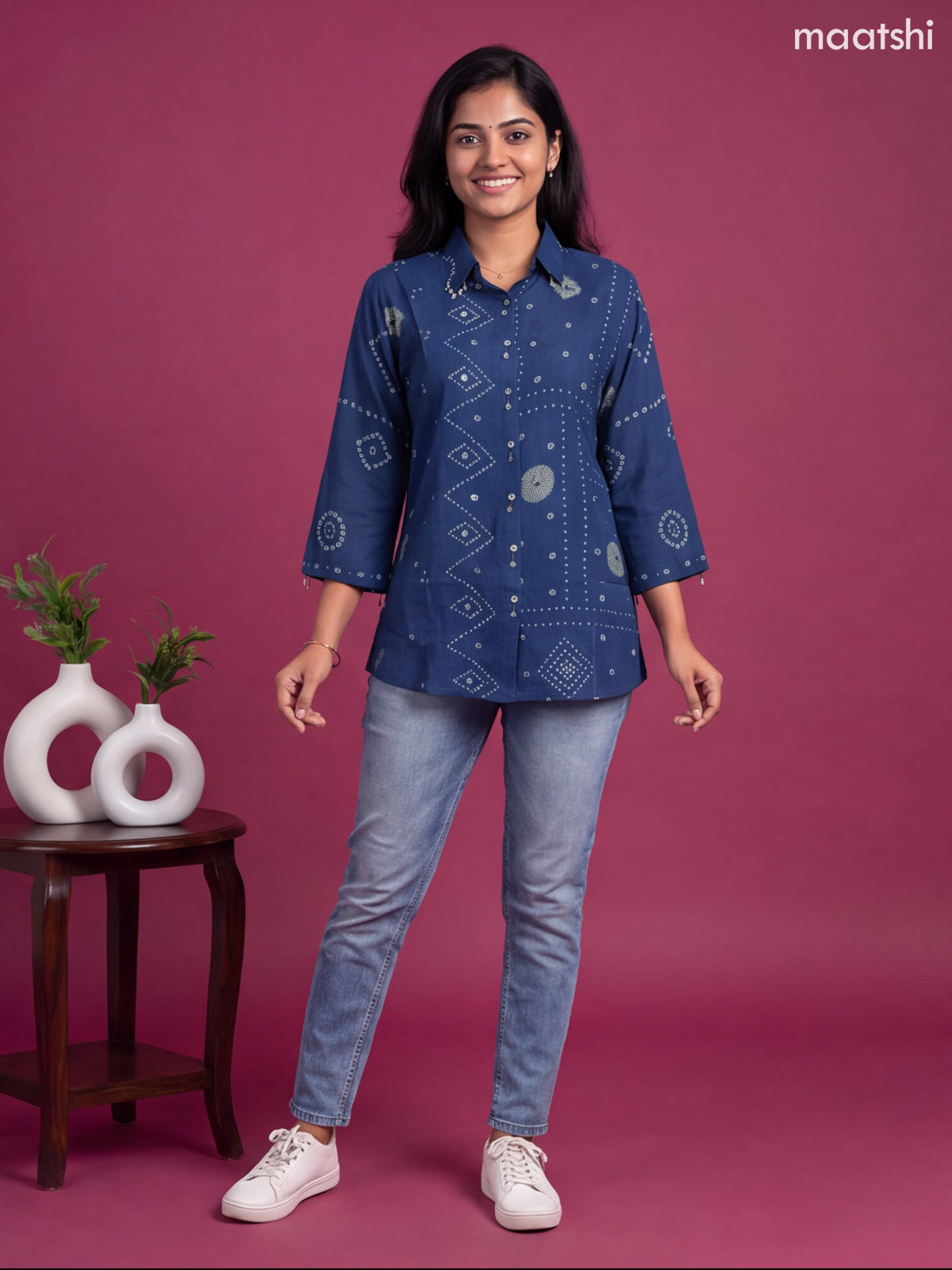 Dark Blue Crepe Silk With Bandhini Printed Women Shirt