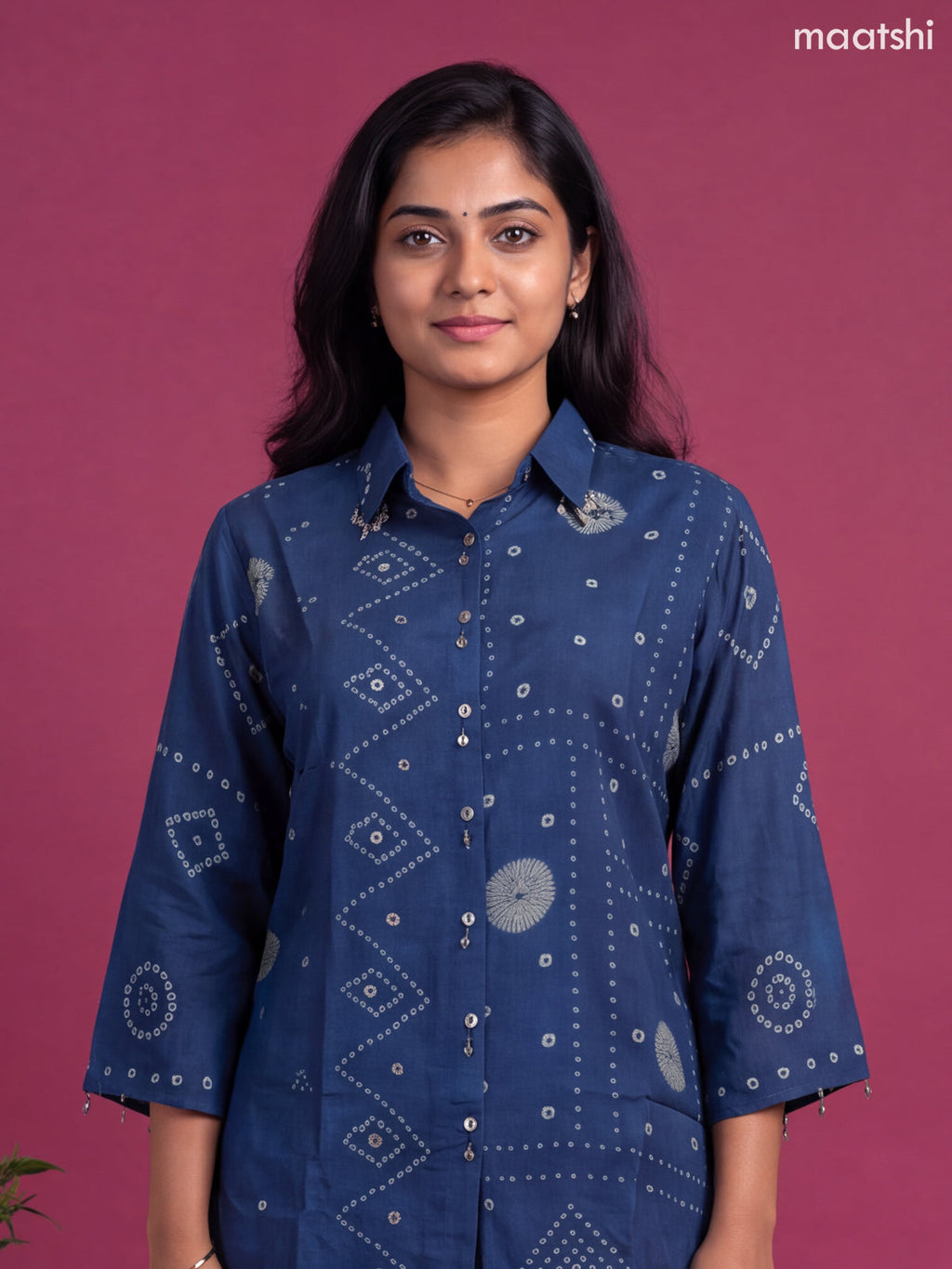 Dark Blue Crepe Silk With Bandhini Printed Women Shirt