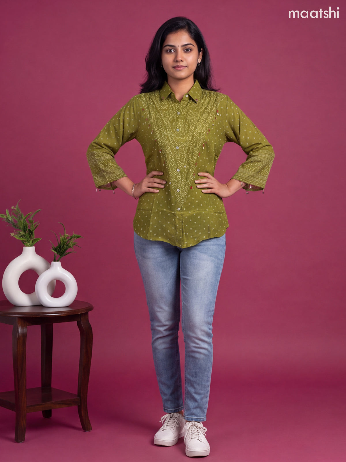 Light Green Crepe Silk With Bandhini Printed Women Shirt