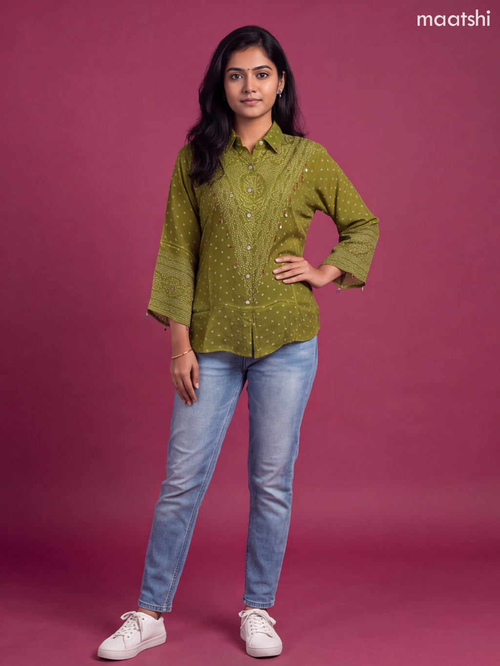 Light Green Crepe Silk With Bandhini Printed Women Shirt