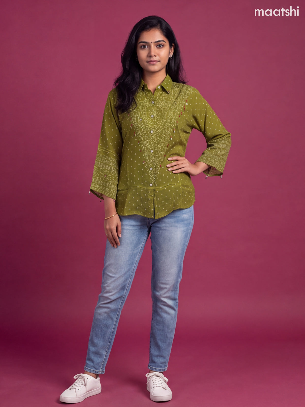 Light Green Crepe Silk With Bandhini Printed Women Shirt