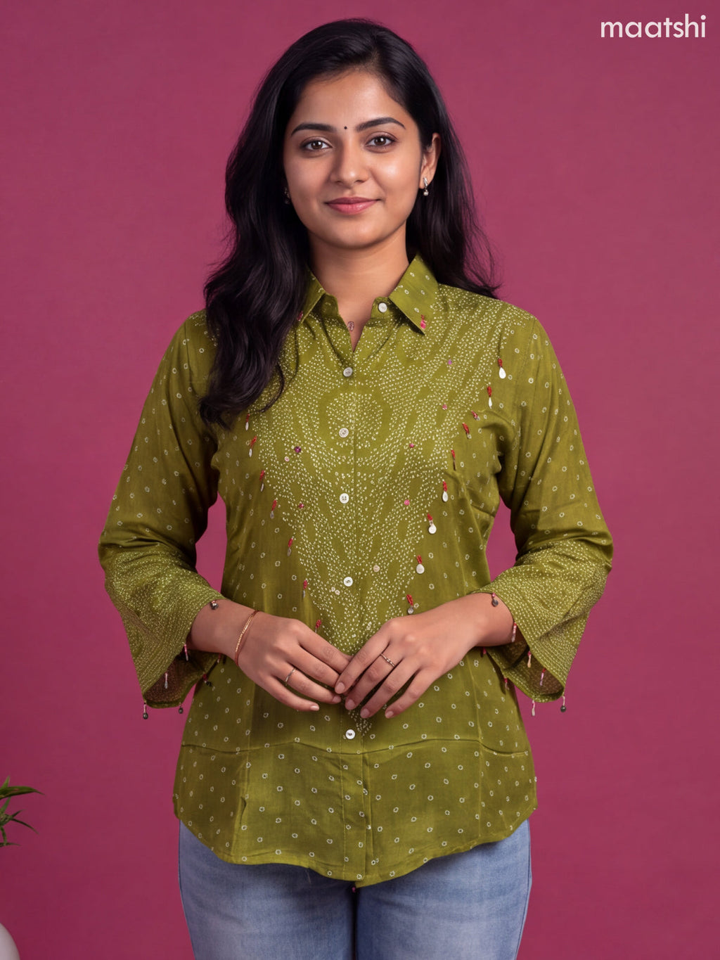 Light Green Crepe Silk With Bandhini Printed Women Shirt