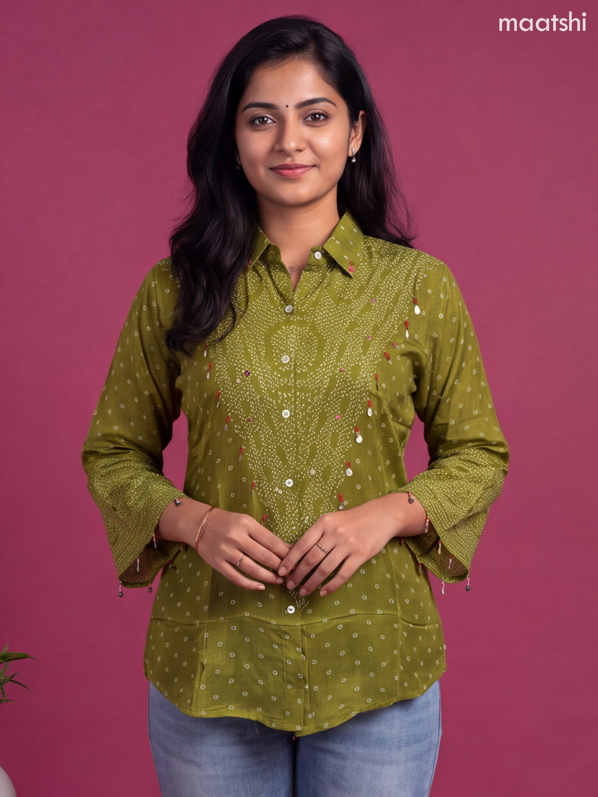 Light Green Crepe Silk With Bandhini Printed Women Shirt