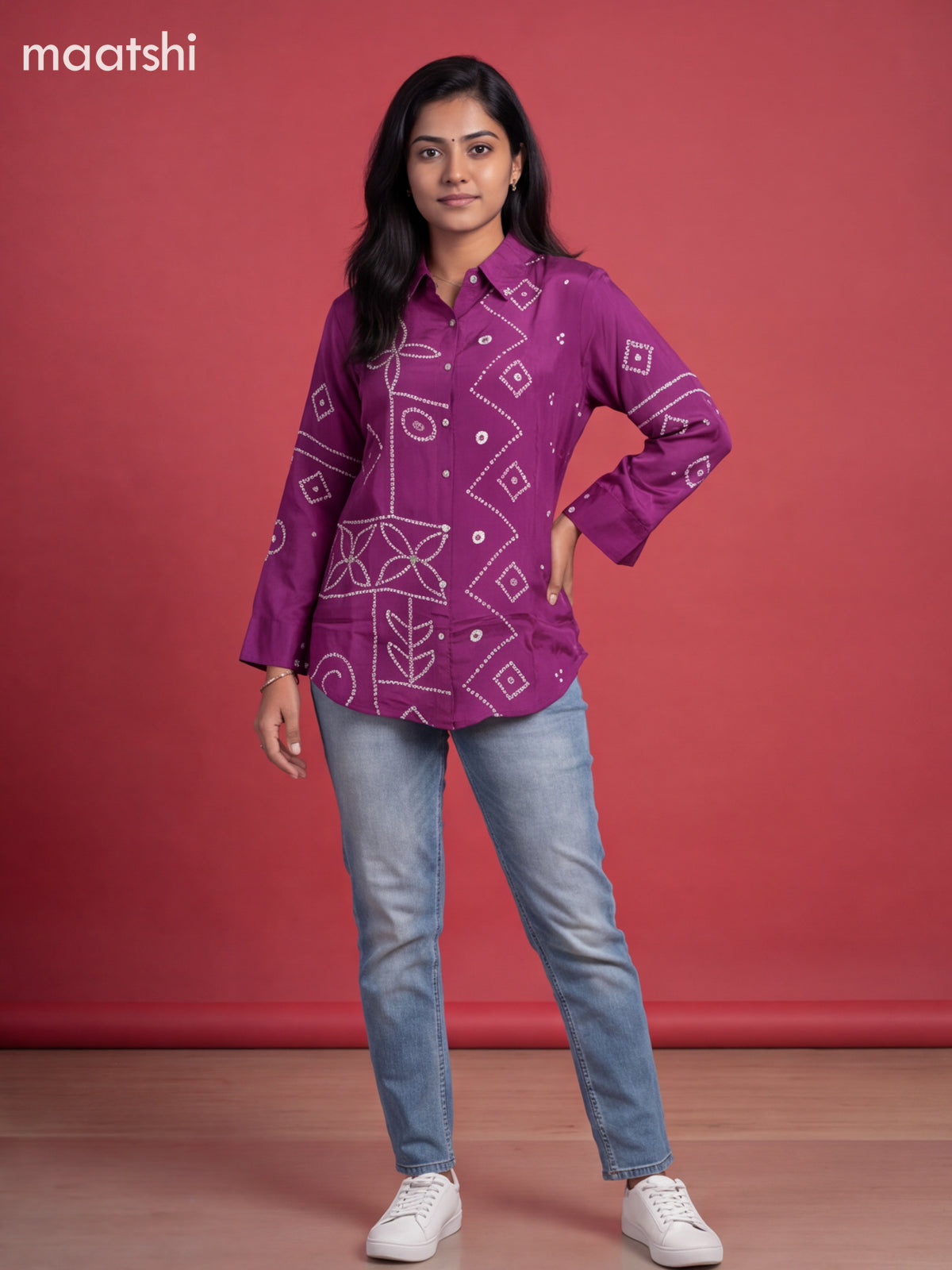 Purple Crepe Silk With Bandhani Printed Women Shirt