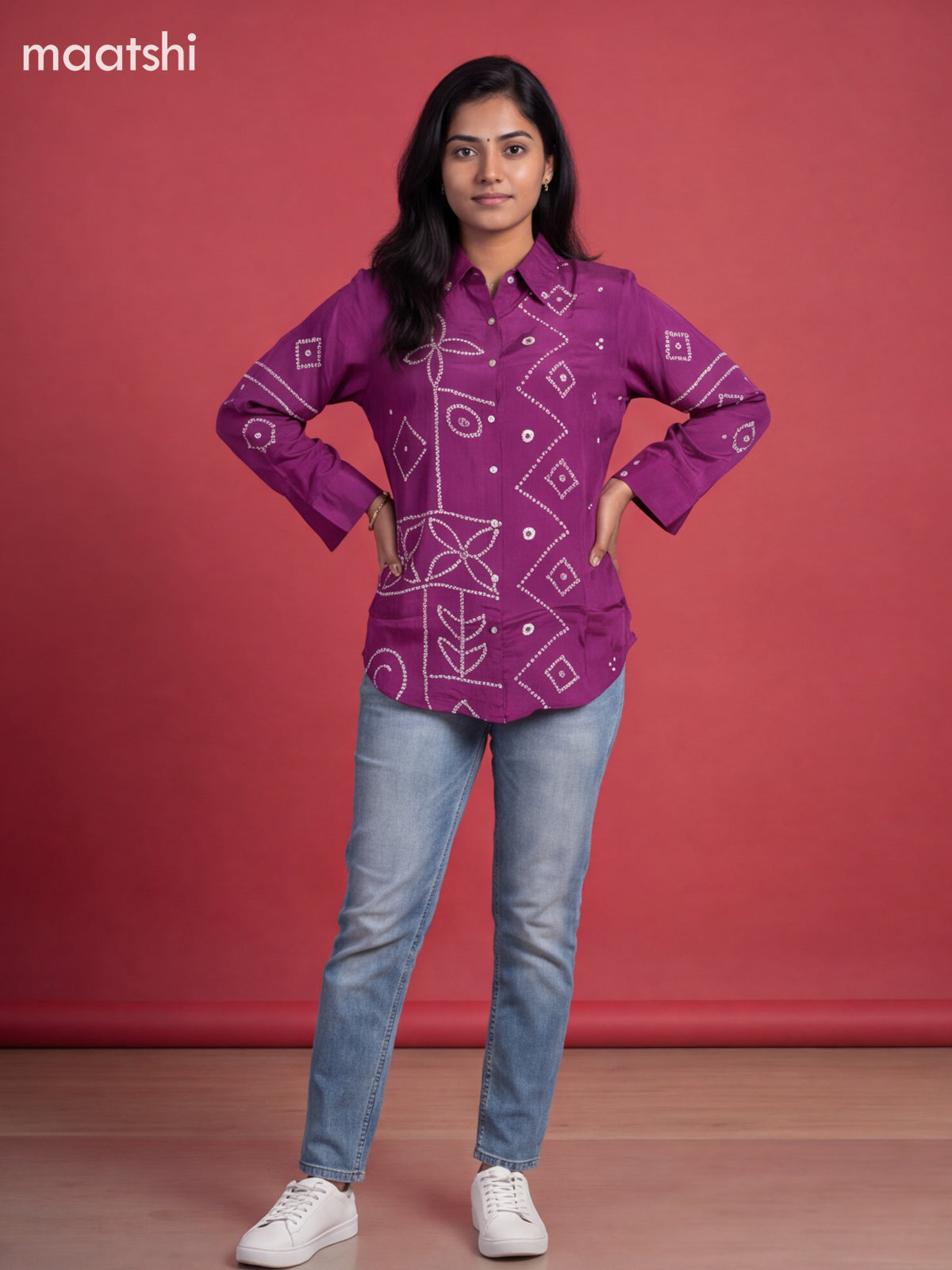 Purple Crepe Silk With Bandhani Printed Women Shirt