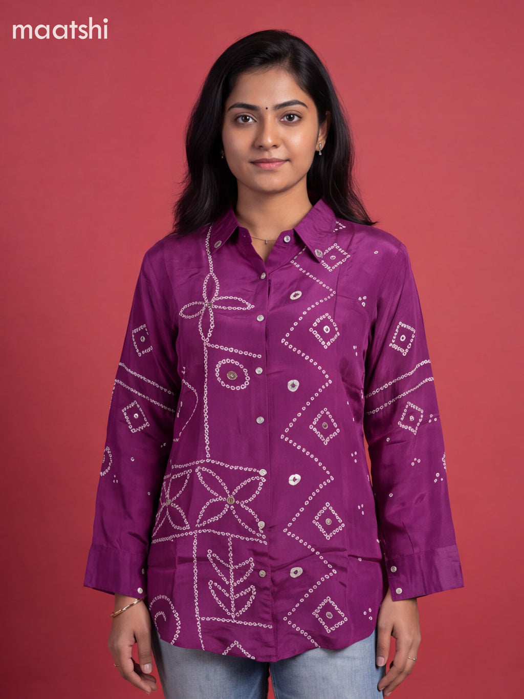 Purple Crepe Silk With Bandhani Printed Women Shirt