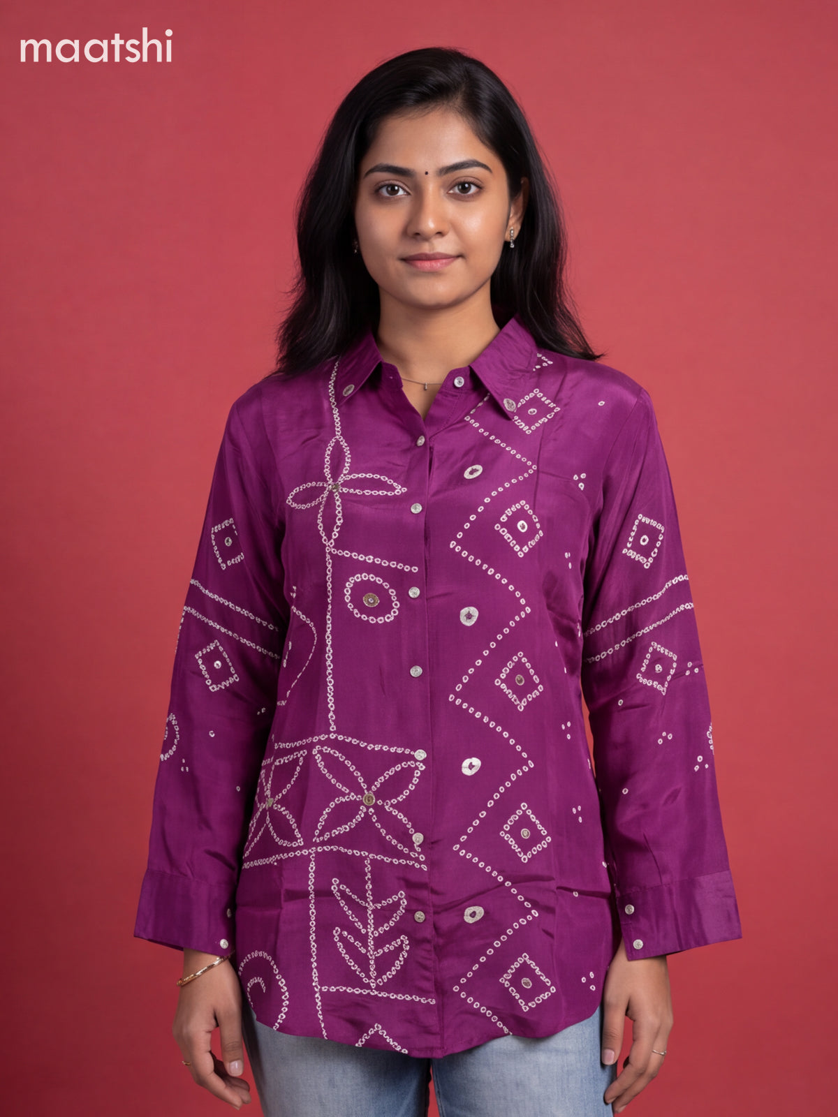 Purple Crepe Silk With Bandhani Printed Women Shirt