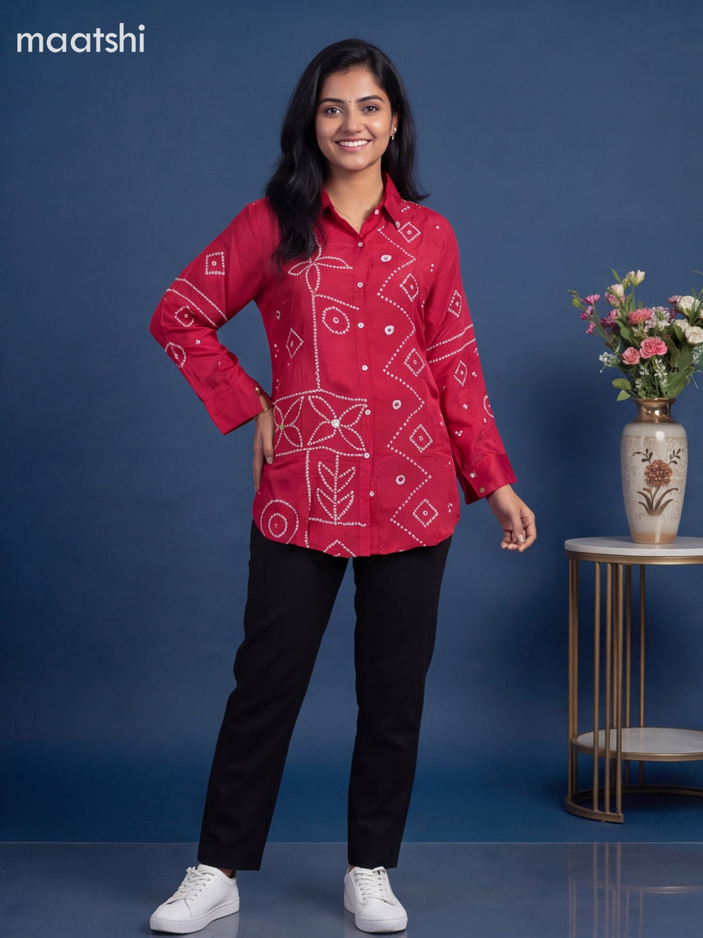 Reddish Pink Crepe Silk With Bandhani Printed Women Shirt