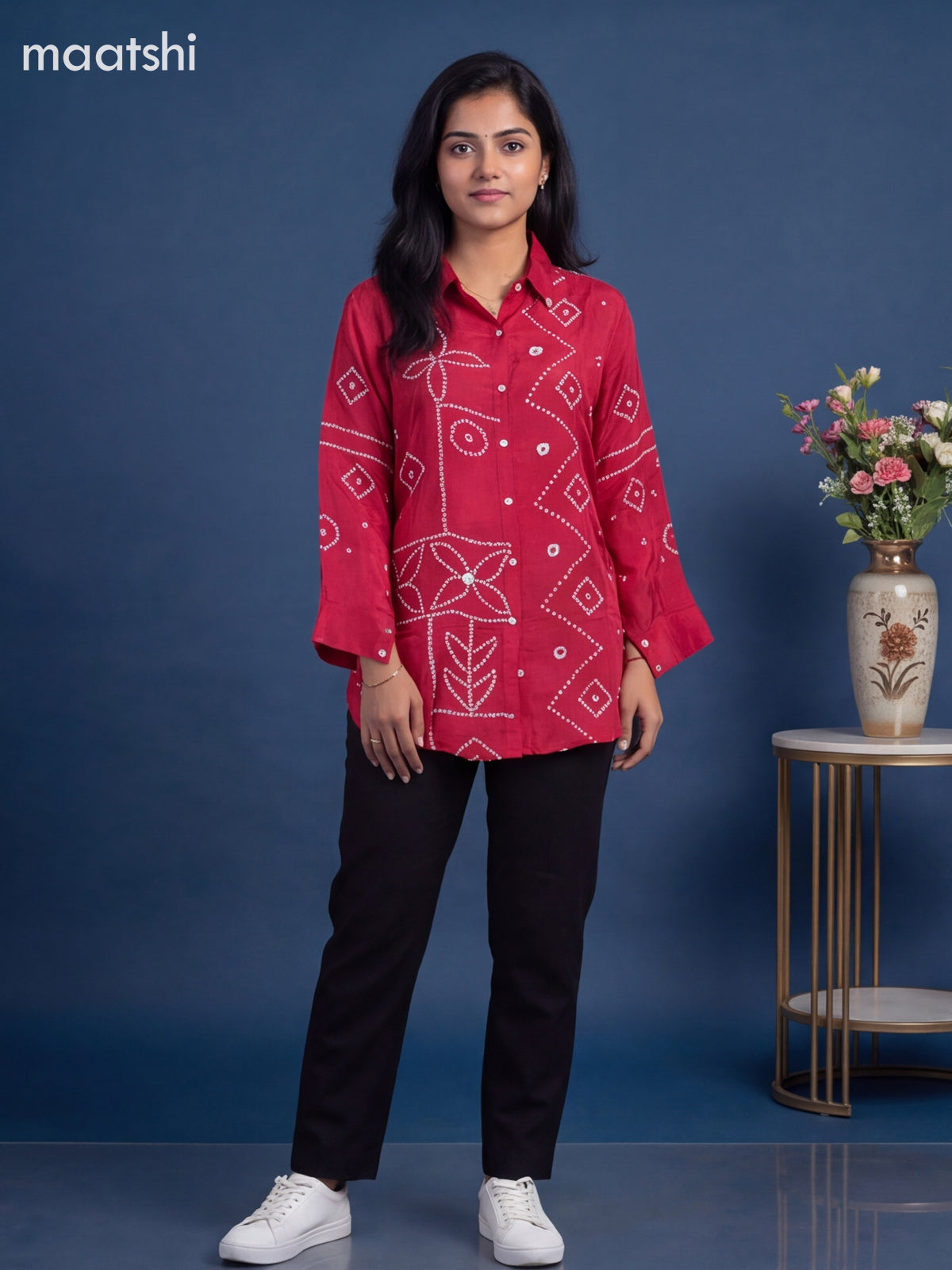 Reddish Pink Crepe Silk With Bandhani Printed Women Shirt