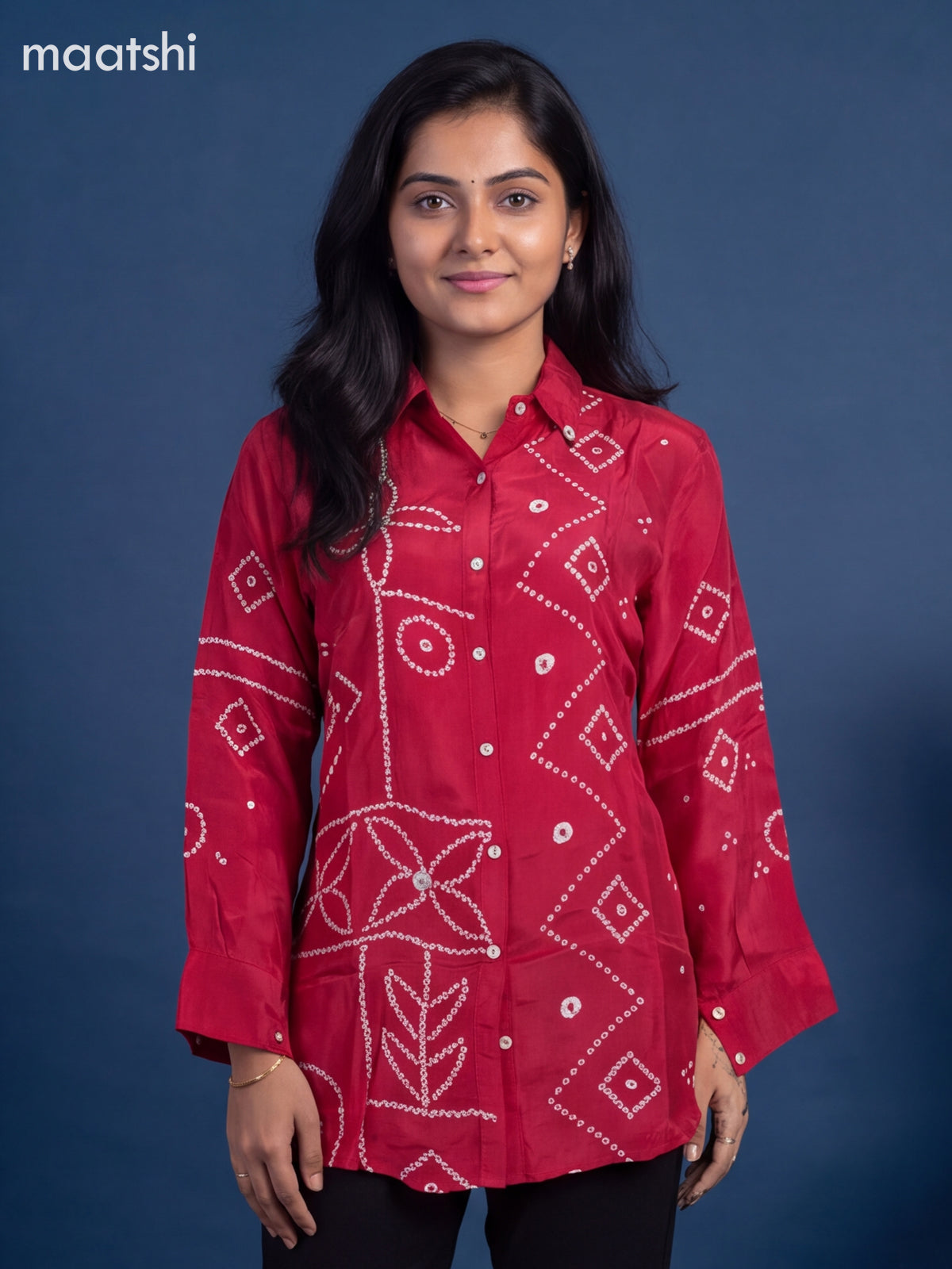 Reddish Pink Crepe Silk With Bandhani Printed Women Shirt