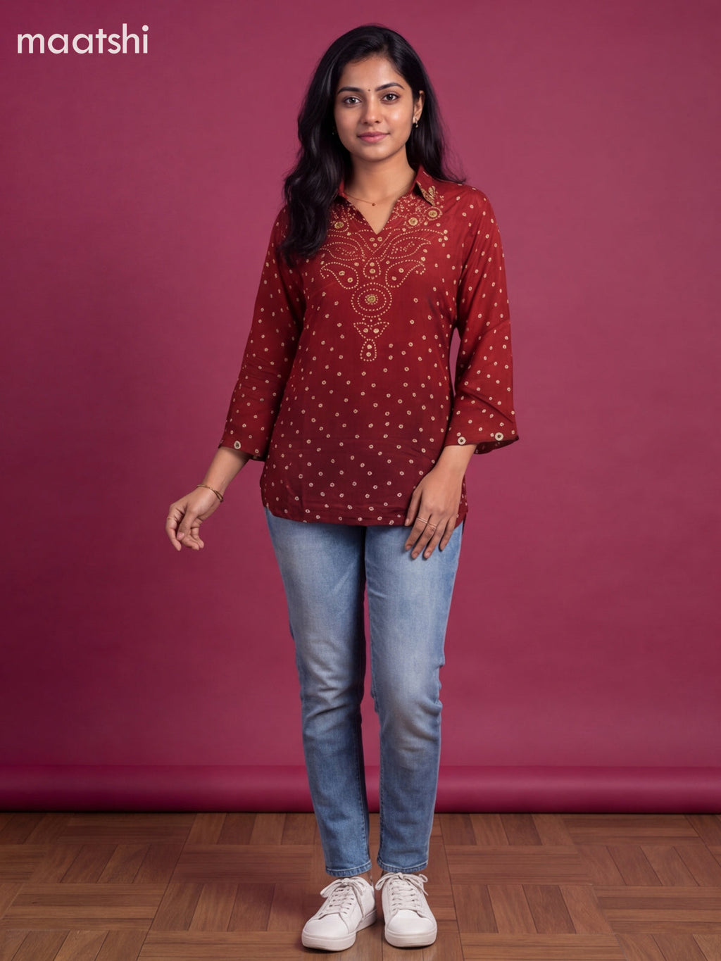 Maroon Crepe Silk With Bandhani Printed Women Shirt