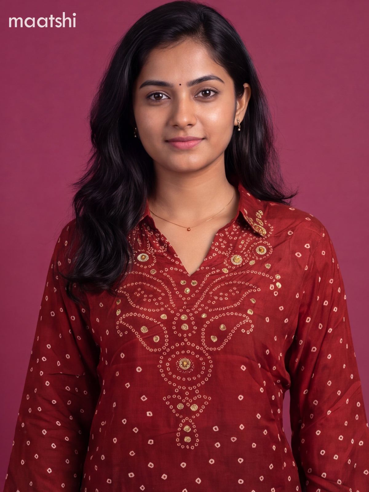 Maroon Crepe Silk With Bandhani Printed Women Shirt