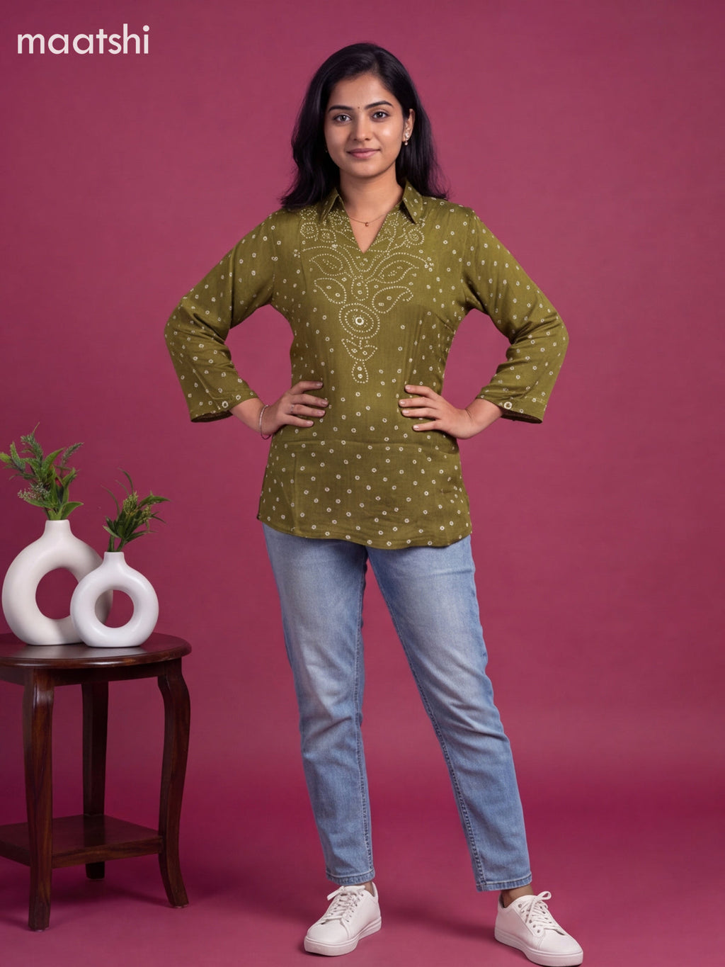 Mehandi Green Crepe Silk With Bandhani Printed Women Shirt