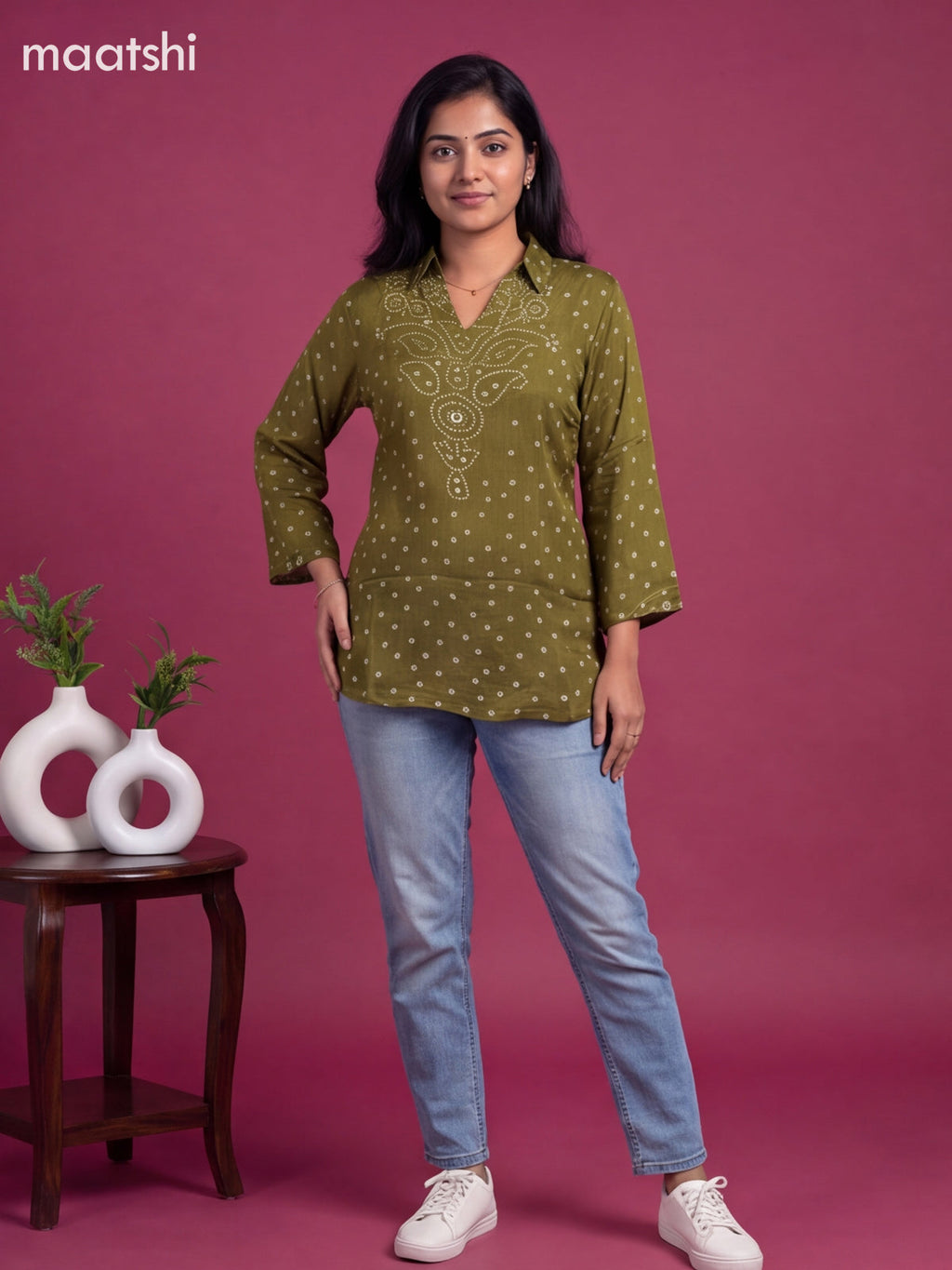 Mehandi Green Crepe Silk With Bandhani Printed Women Shirt