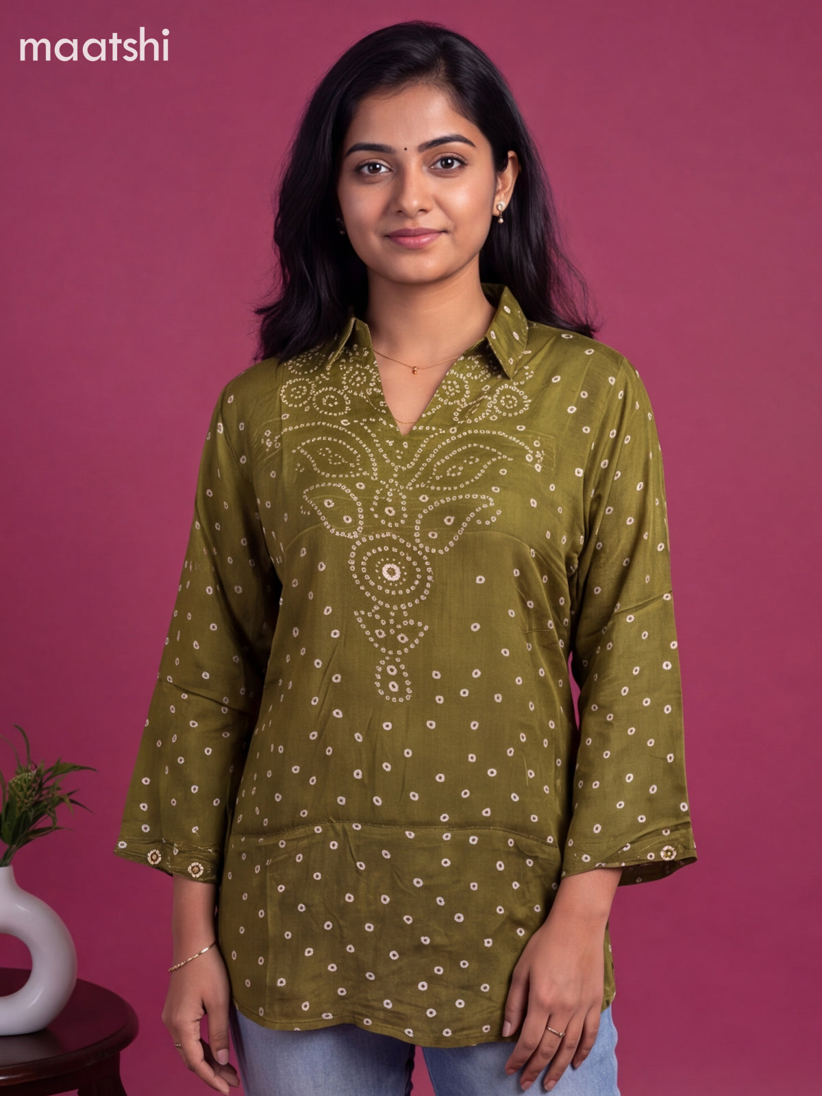 Mehandi Green Crepe Silk With Bandhani Printed Women Shirt