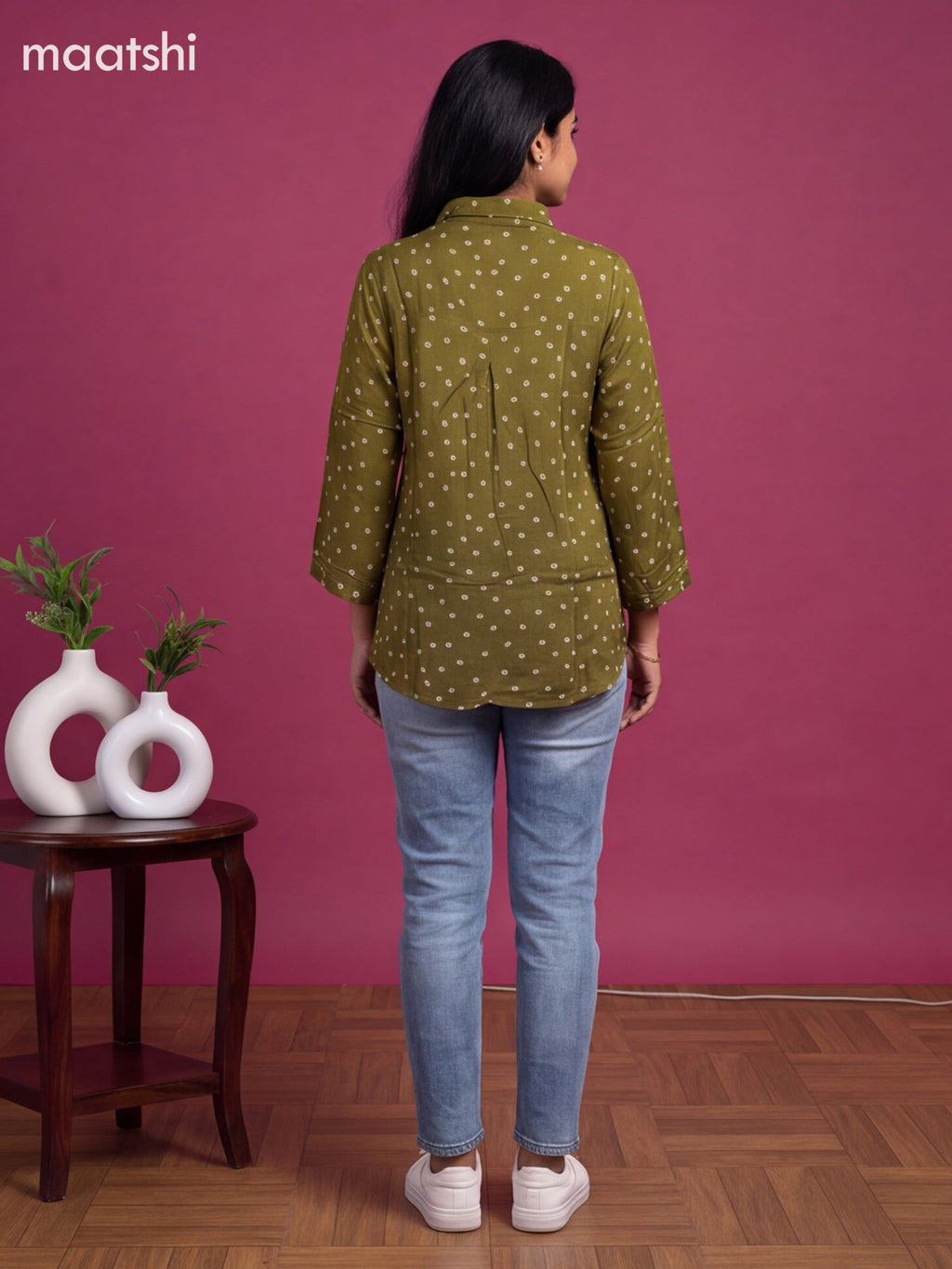 Mehandi Green Crepe Silk With Bandhani Printed Women Shirt