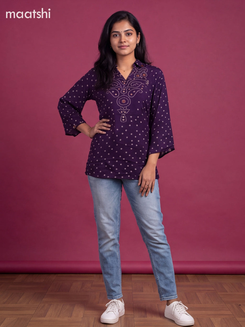 Dark Violet Crepe Silk With Bandhani Printed Women Shirt