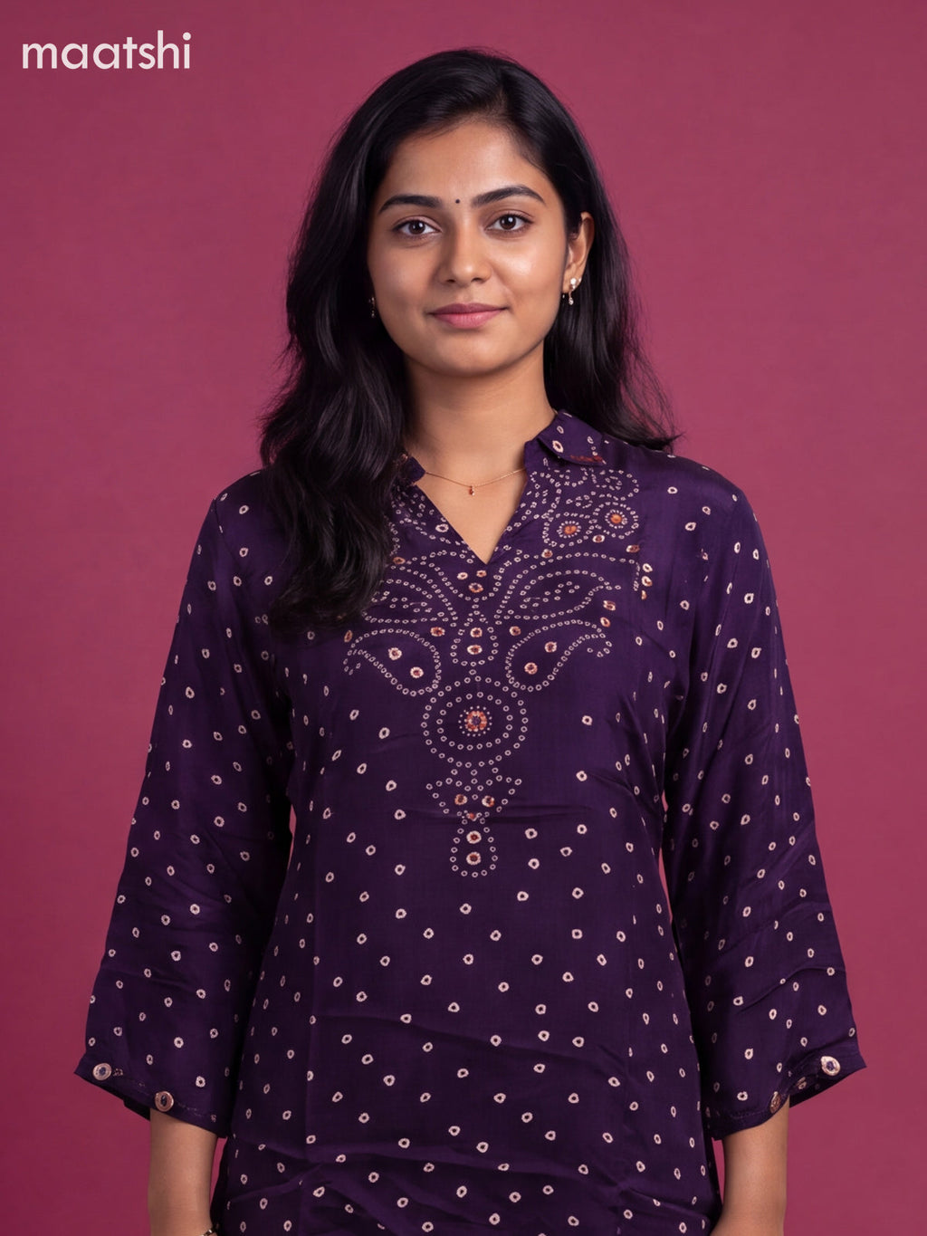 Dark Violet Crepe Silk With Bandhani Printed Women Shirt