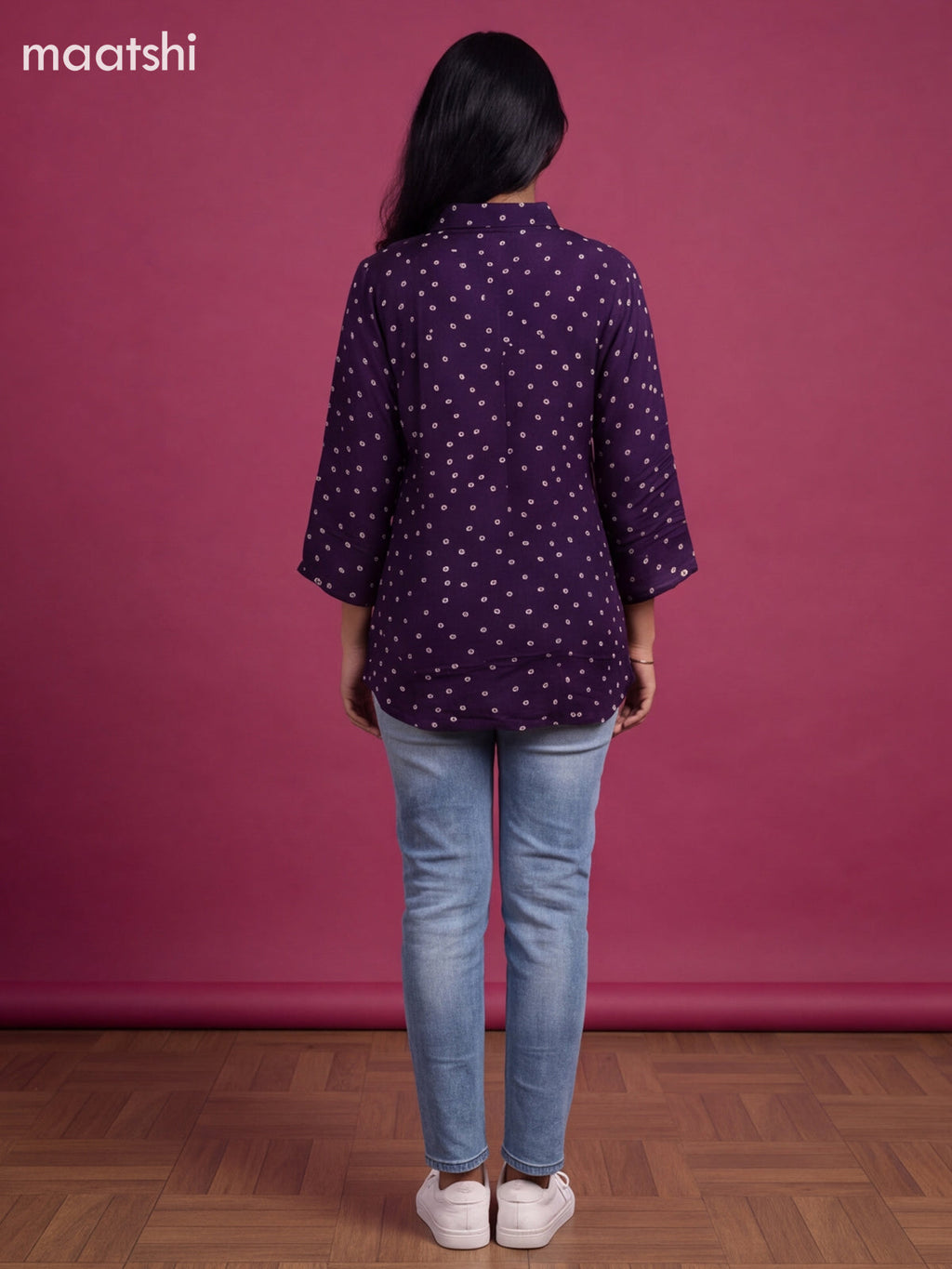 Dark Violet Crepe Silk With Bandhani Printed Women Shirt