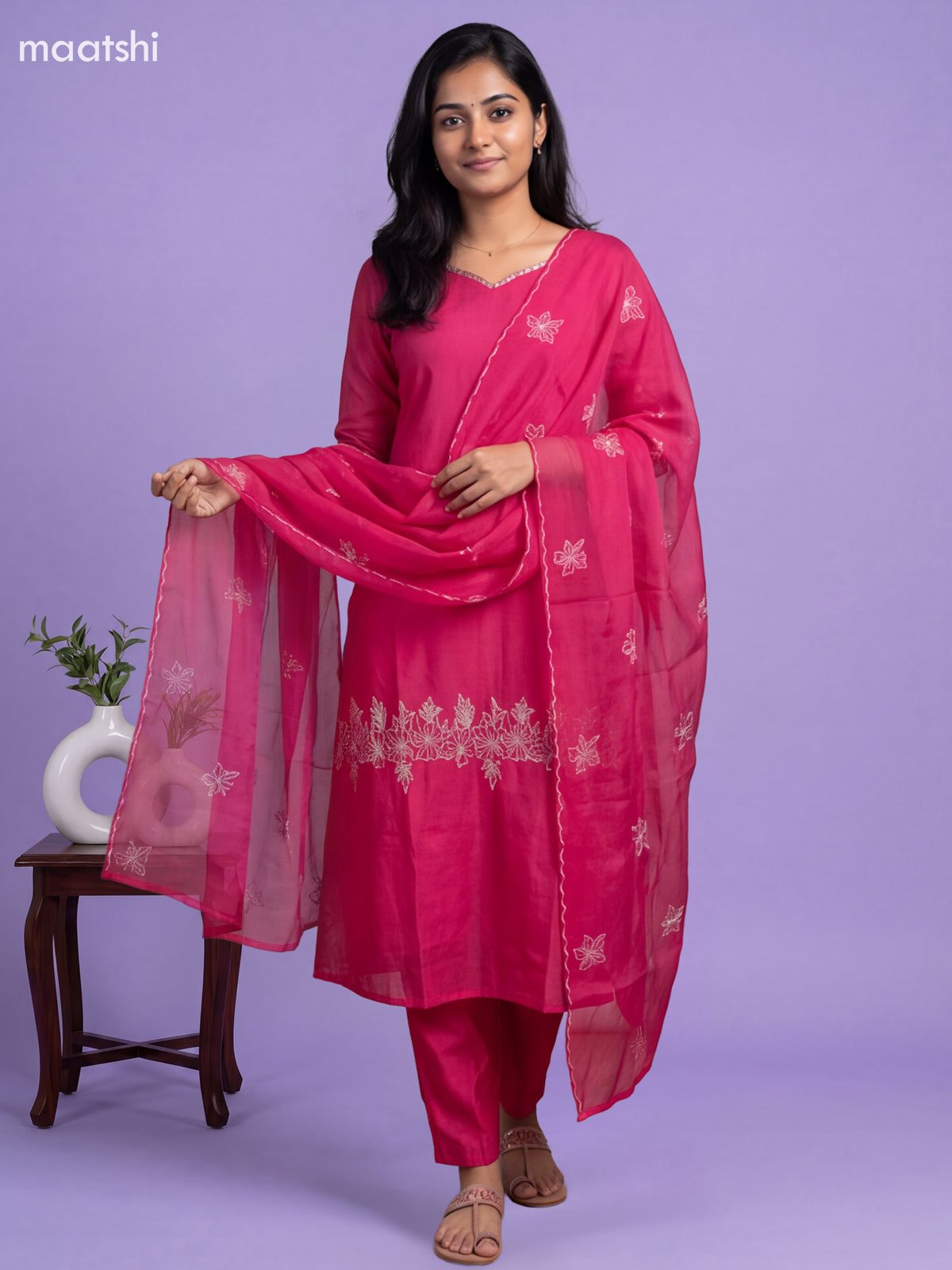 Dark Pink Mul Chanderi Embroidery Work A-Line Suit