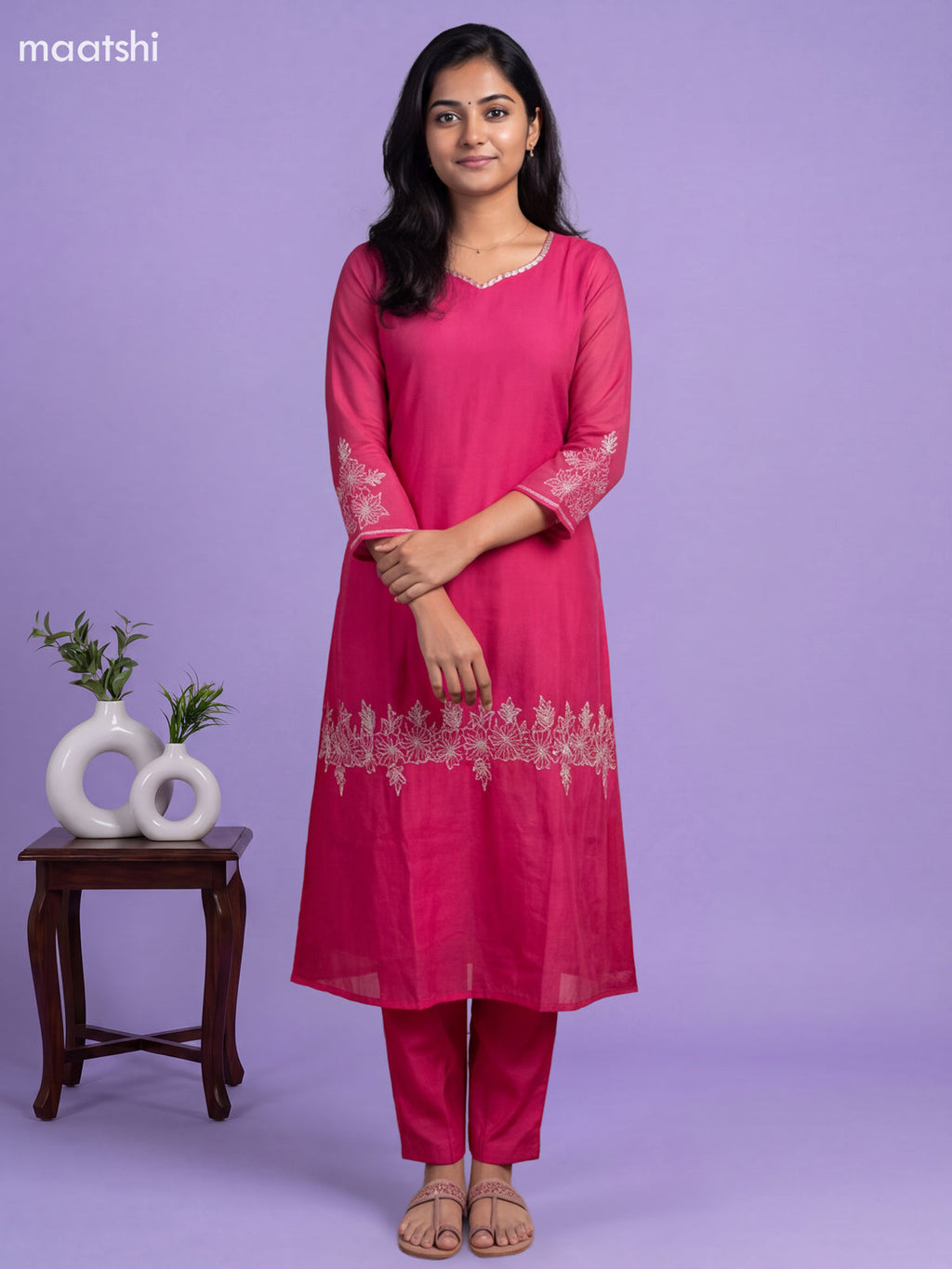 Dark Pink Mul Chanderi Embroidery Work A-Line Suit