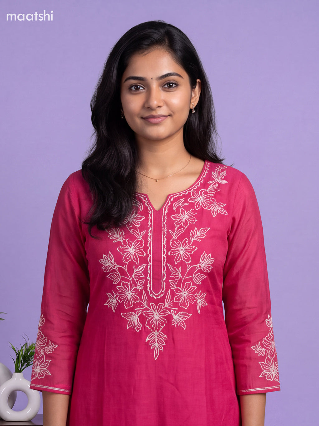 Dark Pink Mul Chanderi Embroidery Work A-Line Suit