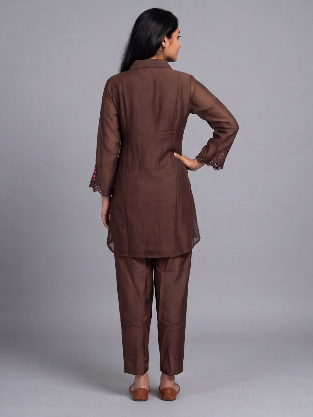 Dark Brown Mul Chanderi Embroidery Short Co-Ord Set