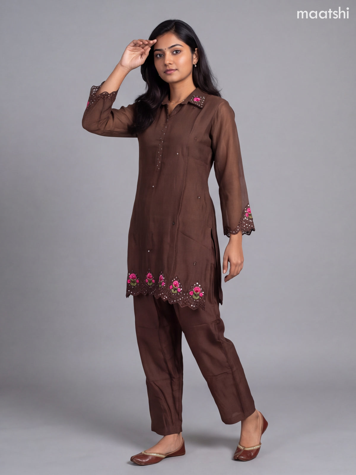 Dark Brown Mul Chanderi Embroidery Short Co-Ord Set