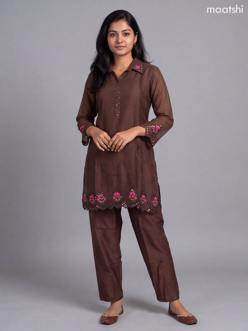 Dark Brown Mul Chanderi Embroidery Short Co-Ord Set