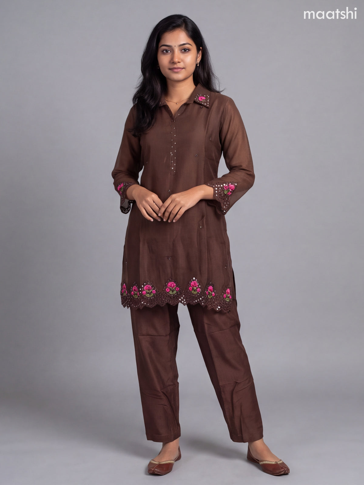 Dark Brown Mul Chanderi Embroidery Short Co-Ord Set