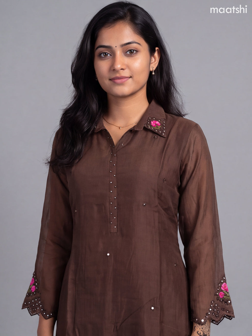 Dark Brown Mul Chanderi Embroidery Short Co-Ord Set