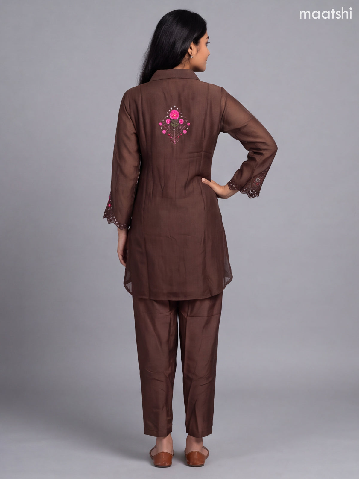 Dark Brown Mul Chanderi Embroidery Short Co-Ord Set