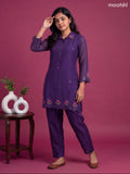 Deep Violet Mul Chanderi Embroidery Short Co-Ord Set