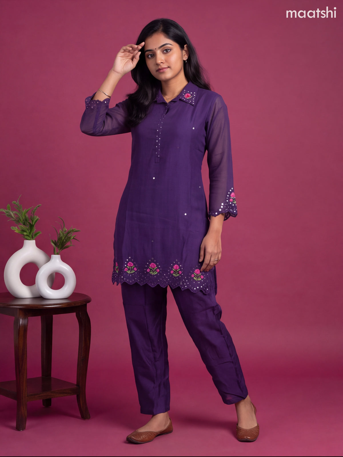 Deep Violet Mul Chanderi Embroidery Short Co-Ord Set