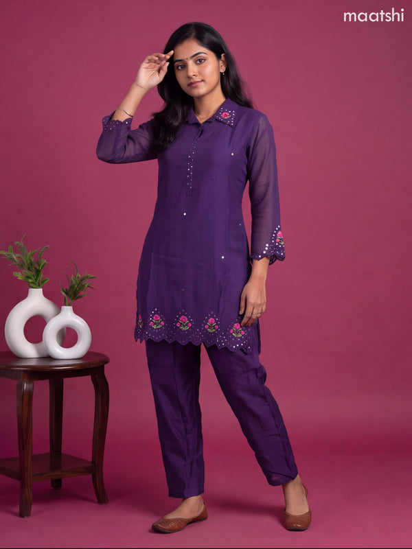 Deep Violet Mul Chanderi Embroidery Short Co-Ord Set