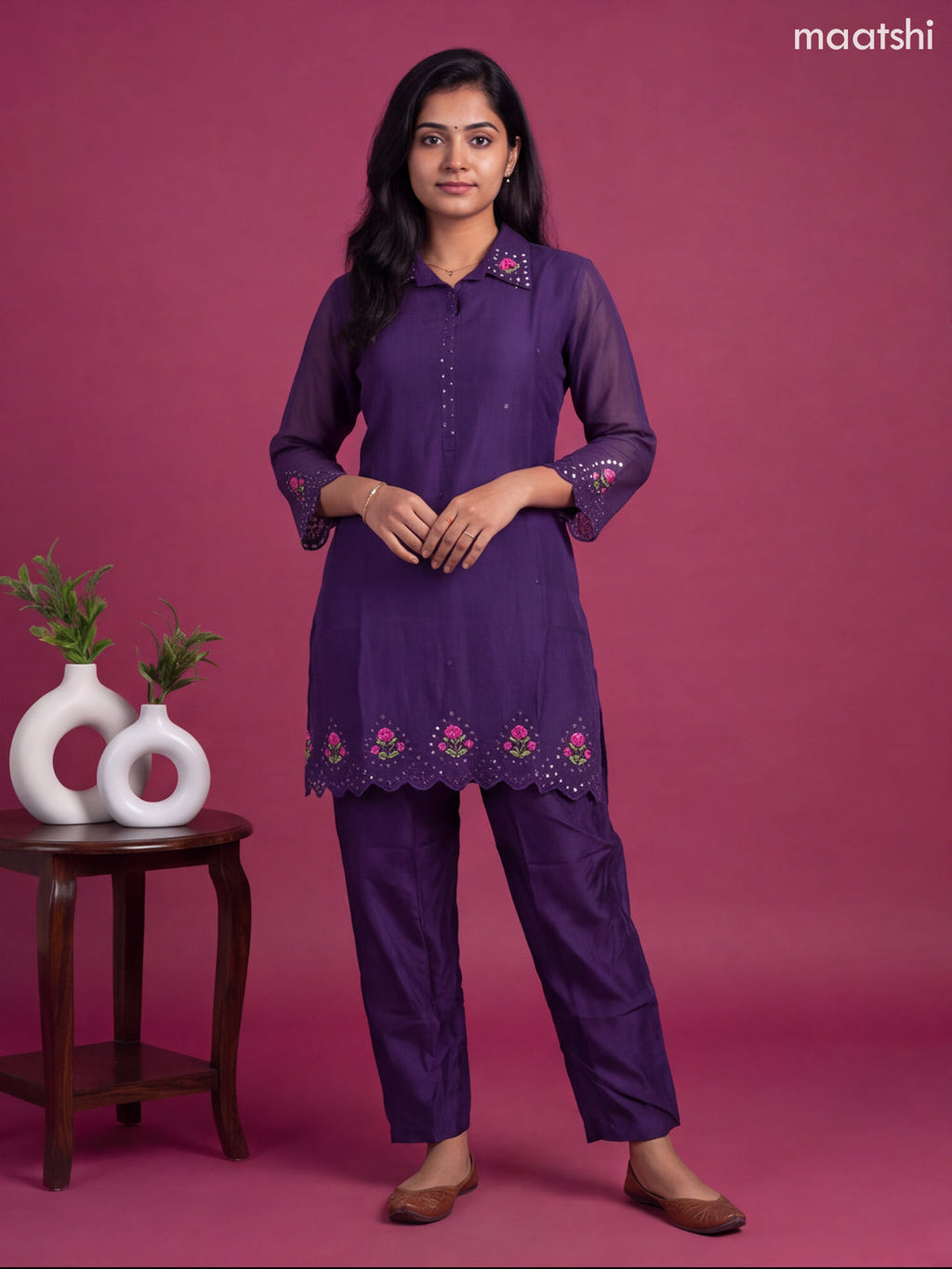 Deep Violet Mul Chanderi Embroidery Short Co-Ord Set