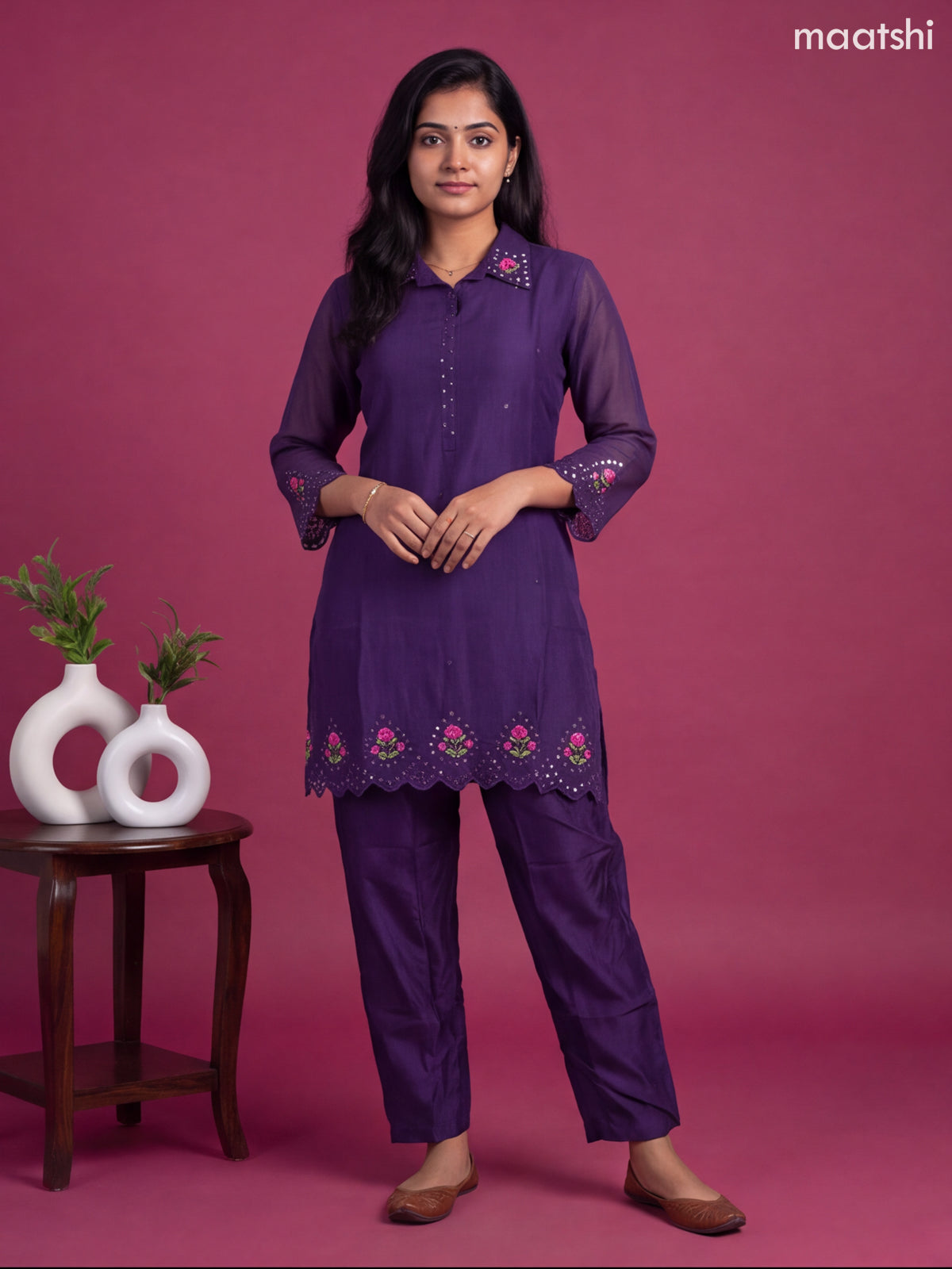Deep Violet Mul Chanderi Embroidery Short Co-Ord Set