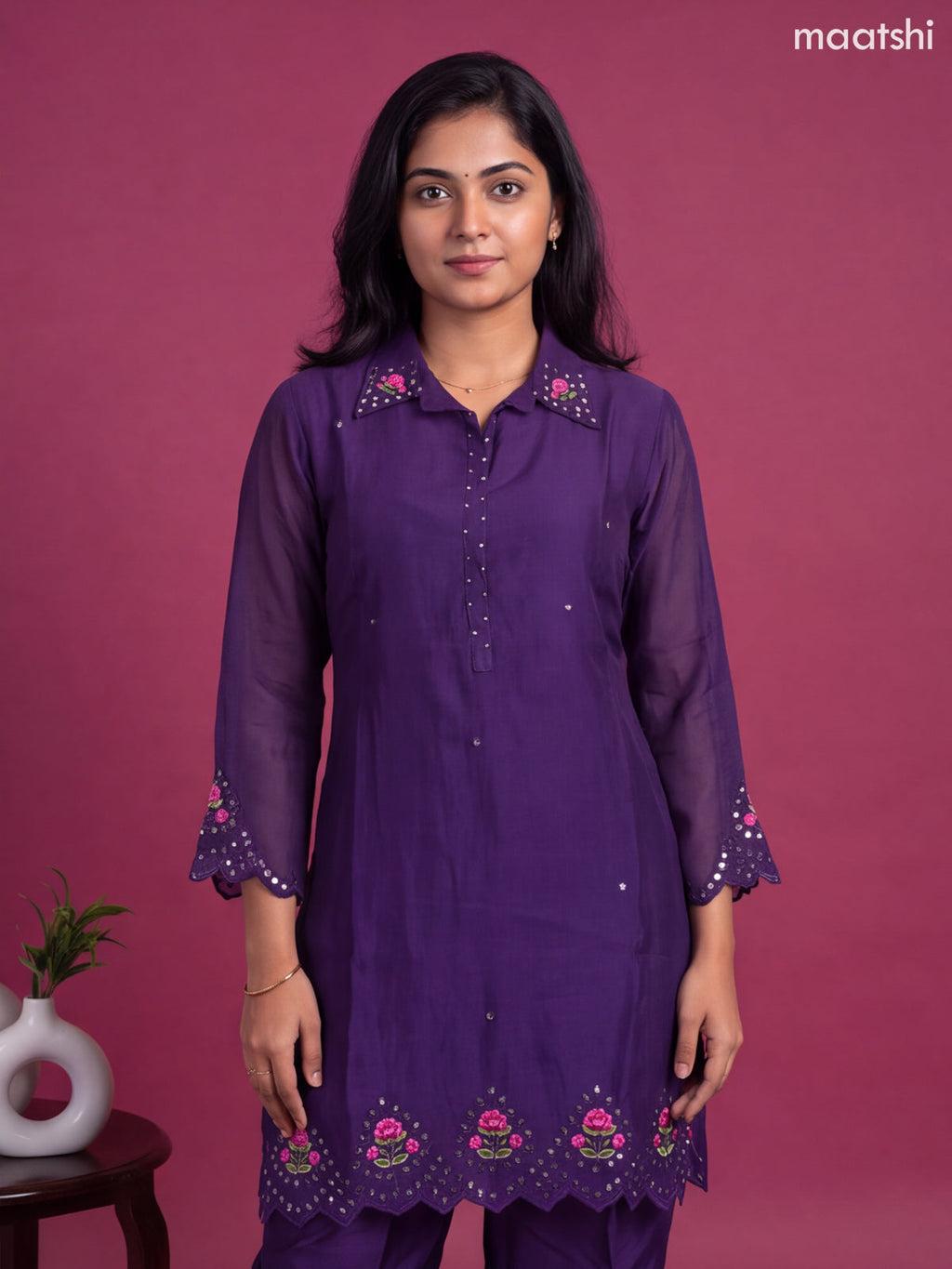 Deep Violet Mul Chanderi Embroidery Short Co-Ord Set