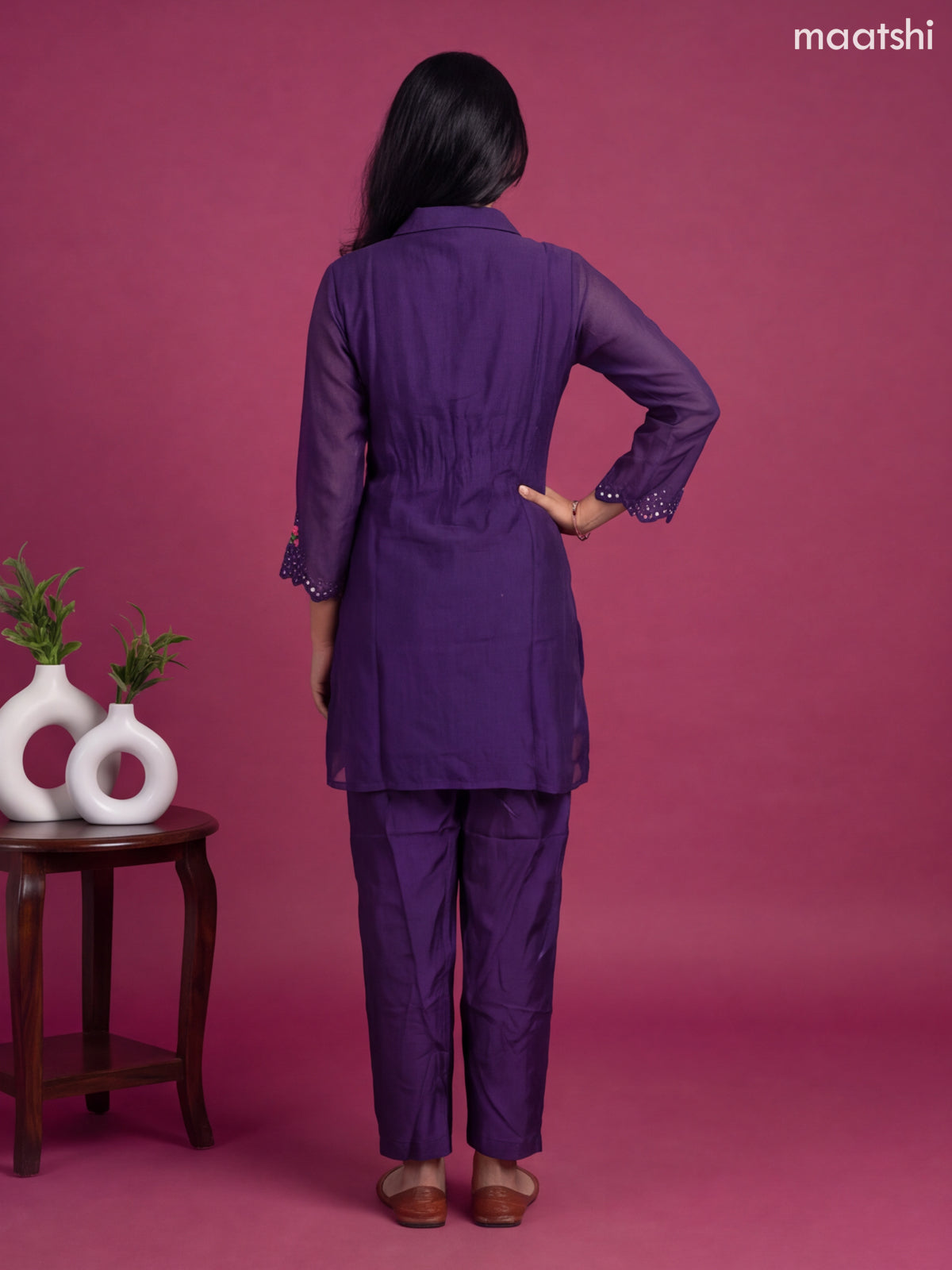 Deep Violet Mul Chanderi Embroidery Short Co-Ord Set