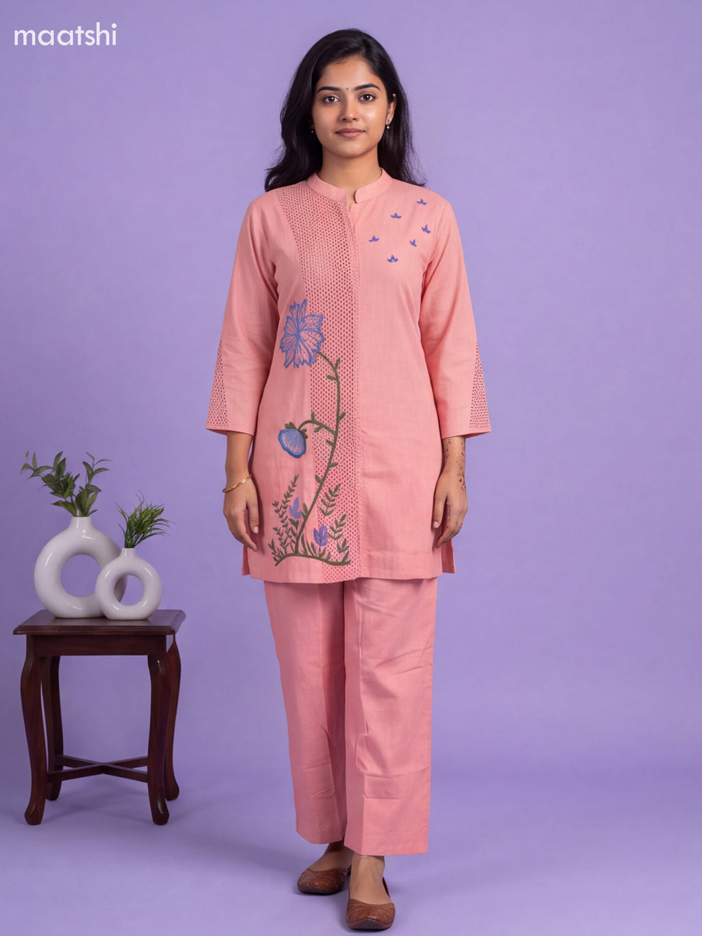 Peach Cotton Embroidery Work Short Co-Ord Set